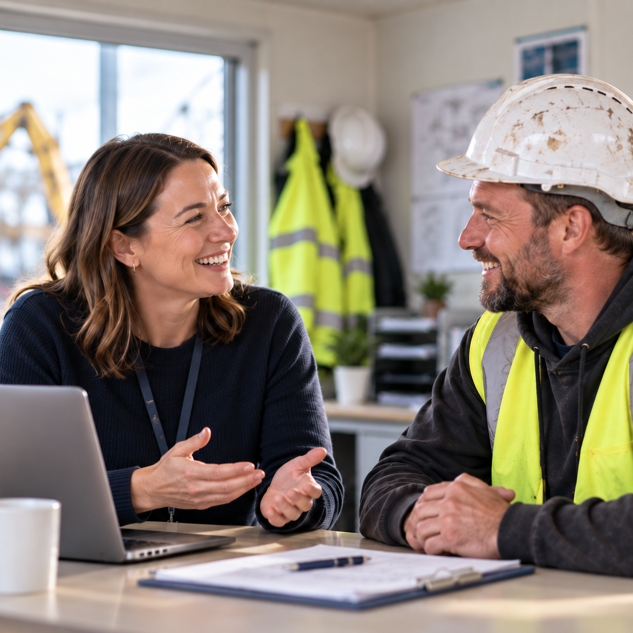 A recruitment colleague and construction worker in a site office.