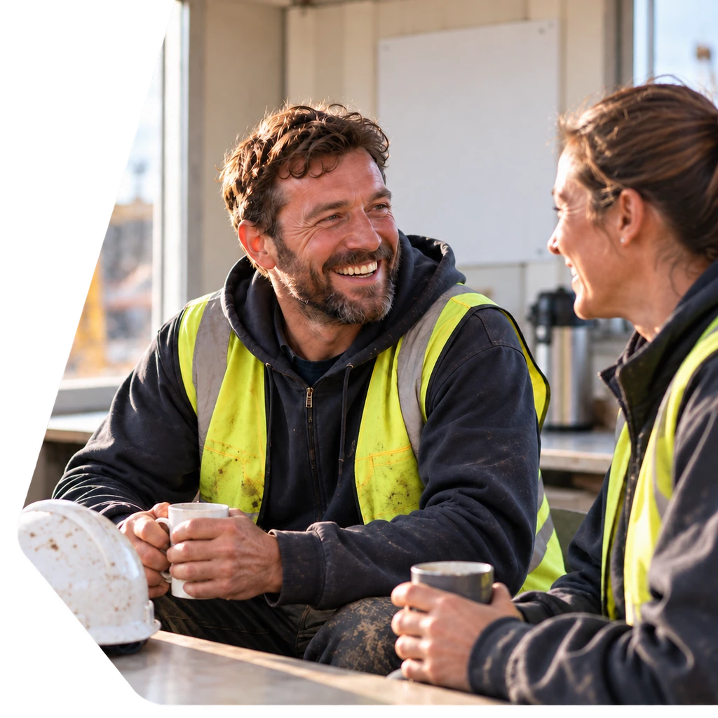 Two construction professionals enjoying a coffee break in a site cabin.